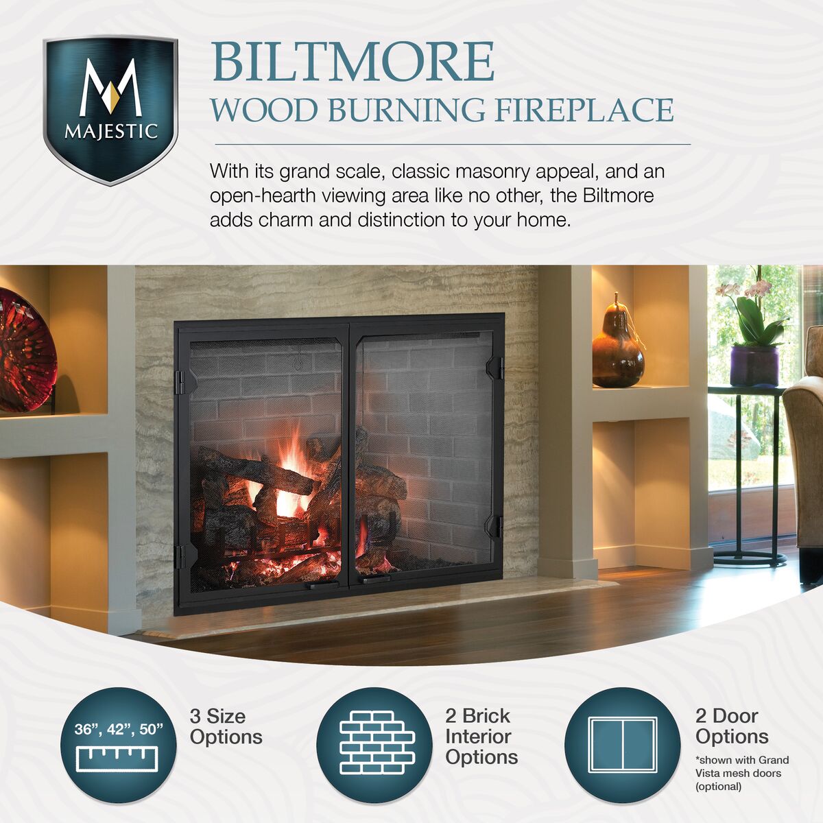 42&quot; Biltmore Radiant Wood Burning Fireplace with Herringbone Brick Panels